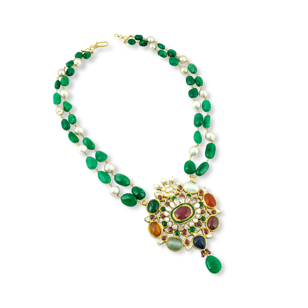 Navaratan Pendant Necklace with Emerald Maniya and Pearls